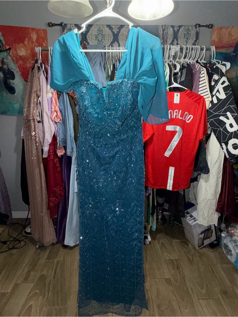 Teal Beaded Evening Gown with Draped Sleeves